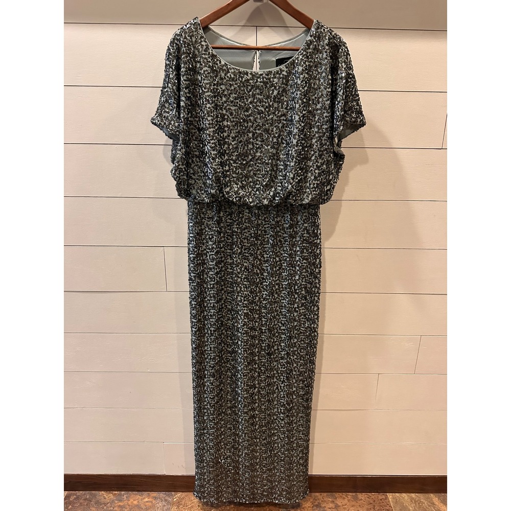 Alex Evenings Women Silver Sequin Blouson Maxi Dress Flutter Sleeve Size 10